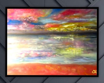 Cuadro Original Atardecer Rosa – Paisaje Marino al Pastel sobre Pastelmat – Arte de Pared Costa 30x40 cm – Obra Única de RaissaBoutique
