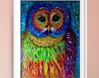 Rainbow owl painting,original oil painting,full of colours,impasto style,stretched canvas.