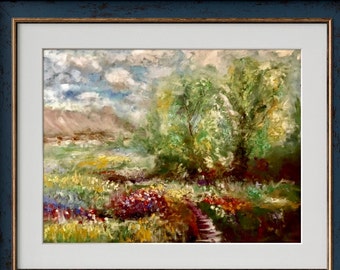 Pintura original al óleo pastel y pan pastel sobre pastelmat, pintura de paisaje semi abstracta, arte de pared, campos, montañas, cielo