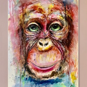 Dipinto ad acquerello originale – Scimmia divertente – Arte animale con tecnica mista – Disponibile come poster o stampa su maglietta