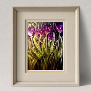 Tulipani, dipinto originale ad acquerello e pastello su carta nera, decorazione floreale da parete, con o senza cornice, decorazione per la casa fatta a mano