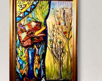 Abstraktes Mixed-Media Glas Kunstwerk – Handgemaltes Wandbild mit Pastell, Natursteinen, Kristallen und Glas Mosaik im Rahmen
