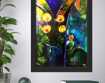Buntglas Panel Fantasieblumen – Abstrakte Glasmalerei, Mixed Media Wandkunst mit 3D Effekt, Geschenk für sie