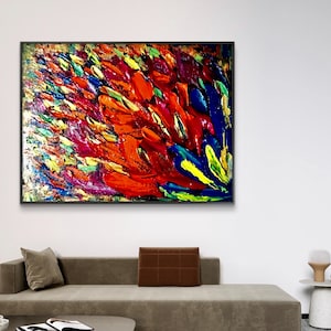 Arte de pared colorido abstracto, pintura al óleo original sobre panel de lienzo, regalo para ella, decoración del hogar.