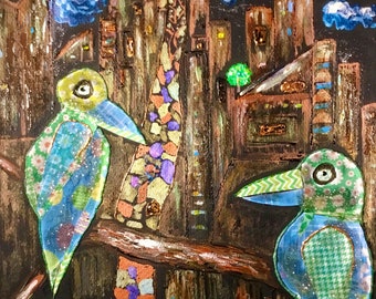 Fantasy mix media art,collage,watercolour and acrylic painting,2 birds in town,wall art.