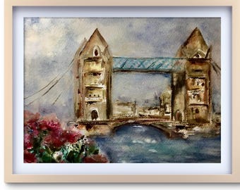London tower bridge painting,original watercolour painting,London cityscape,England painting,world capitals art,London in flowers,home decor
