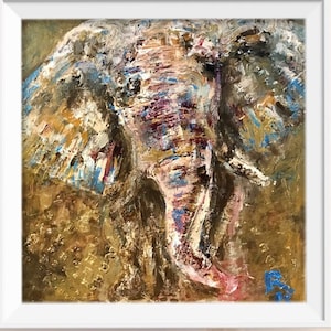Elefante dorado original acrílico mezcla medios pintura texturizada sobre cartón, arte de pared de animales abstractos, decoración