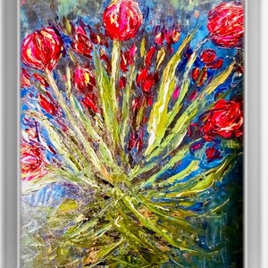 Pintura al óleo de tulipanes, pintura al óleo original, tulipanes danzantes, tablero de lienzo, regalo para ella, decoración del hogar.
