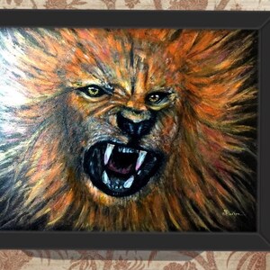 Happy Roaring Lion – Original Pet Portrait Acrylic painting on black stretched canvas