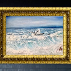 Original Seascape Oil Painting: Seagull, Waves, Beach (19.6 x 27.5 inches)