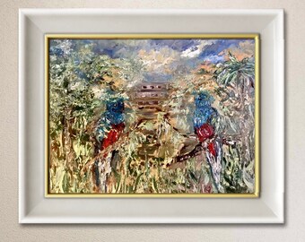 A couple of quetzal birds,mayan pyramid on the background, colourful impasto oil painting on stretched canvas ,wall art,couple love gift