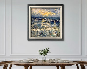 Semi - Abstract zeegezicht origineel getextureerd olieverfschilderij, zonsondergang, boten in de oceaan fantasie kunst aan de muur, landschappen schilderen, huiskunstdecoratie