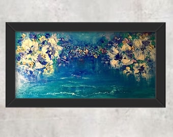 Dipinto panoramico fantasy, fiori sul mare, dipinto ad olio impasto su tela, arte murale astratta.