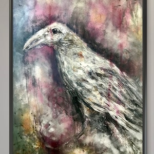 Dipinto originale ad acquerello con tecnica mista "Corvo Bianco", uccello mistico, decorazione murale gotica fatta a mano, 11x14 pollici senza cornice