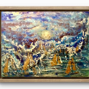 Moonlight Boats, dipinto originale con tecnica mista su carta Yupo – inchiostro alcolico e acquerello – 9 x 13 pollici (24 x 32 cm), senza cornice, pezzo unico.