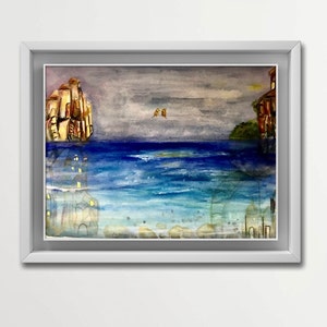 Dipinto ad acquerello originale Fantasy Town / Mare e rocce / Tecnica mista / 11 x 15 pollici / Opera d'arte murale unica nel suo genere
