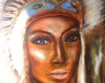 Femme amérindienne en tenue nationale, art mural original de peinture pastel à l'huile