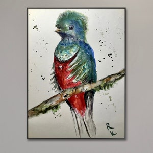 Oiseau quetzal – Aquarelle originale A5 | Art exotique d&#39;oiseaux tropicaux, décoration murale faite main