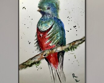 ケツァールの鳥の絵画 鳥の水彩画 アートプリント 赤 緑の鳥 壁アート