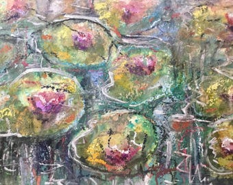 When Lillies Dream in Green Pintura Original en Acuarela, Pastel al Óleo Suave y Técnica Mixta