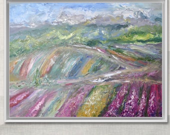 Japanese fields large canvas ,original oil landscape painting,,meadows,mountains,coloured fields painting,50/70 sm canvas wall art.