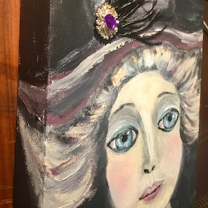 Victoria– Fantasy Antique Doll Painting on 3D Canvas, Mixed Media Art with Real Ostrich Feathers, Acrylic Original Wall Art