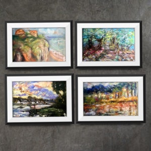 Set van 4 zachte pastelkleurige landschapsschilderijen – door Monet geïnspireerde kunst, originele minischilderijen op karton, impressionistische muurkunst, kleine cadeaus