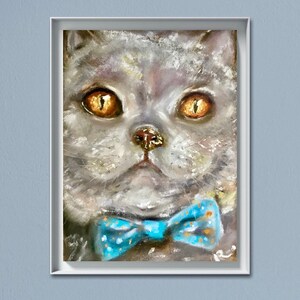 Gato británico con pajarita pintura pastel spft original sobre cartón pastel, pintura de animales divertidos, pintura de gatos, regalo