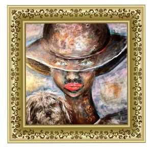 Fantasy Woman with Dog, Original Acrylic Painting on Canvas, 16x16 Wall Art, Whimsical Girl in Hat, Colorful Portrait, Unique Home Decor.