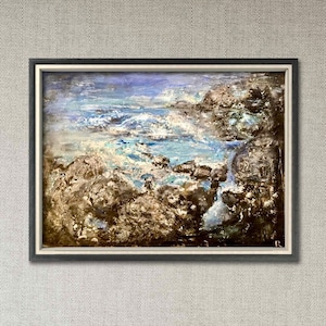 Dipinto acrilico su carta con tecnica mista di paesaggio marino – Onde dell'oceano, rocce, arte semi-astratta (25,4 x 35,6 cm, senza cornice)