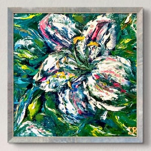 絵画　インテリア　絵　油絵　uF6-112402　花（ゆり） 絵画インテリア 絵 額付(青緑＋金色の枠) 油絵 uF6-112402 花