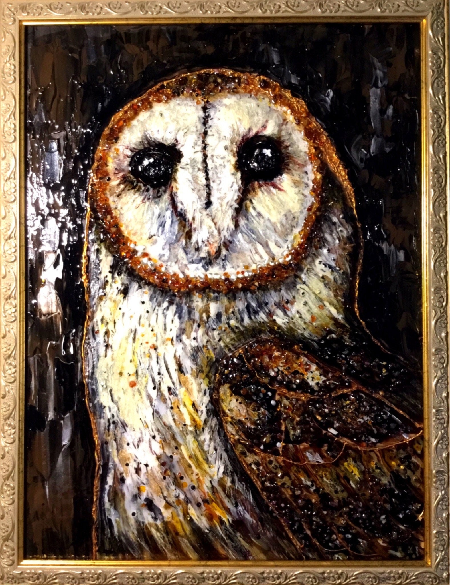 Golden Owl Stained Glass Panel: A3 Framed Resin Artwork with Amber Stones