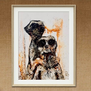 Una coppia di suricati, dipinto originale con tecnica mista su carta Yupo / Stravagante opera d'arte murale raffigurante animali / Decorazione unica fatta a mano con animali selvatici.