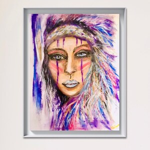 Regina nativa americana, dipinto originale a pastello a olio su carta speciale, dipinto di donna in abiti tradizionali, ritratto di donna colorato.