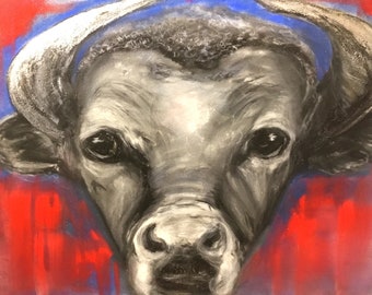 Bull painting, Original pastel painting on pastelmat. Small gift,home decoration.