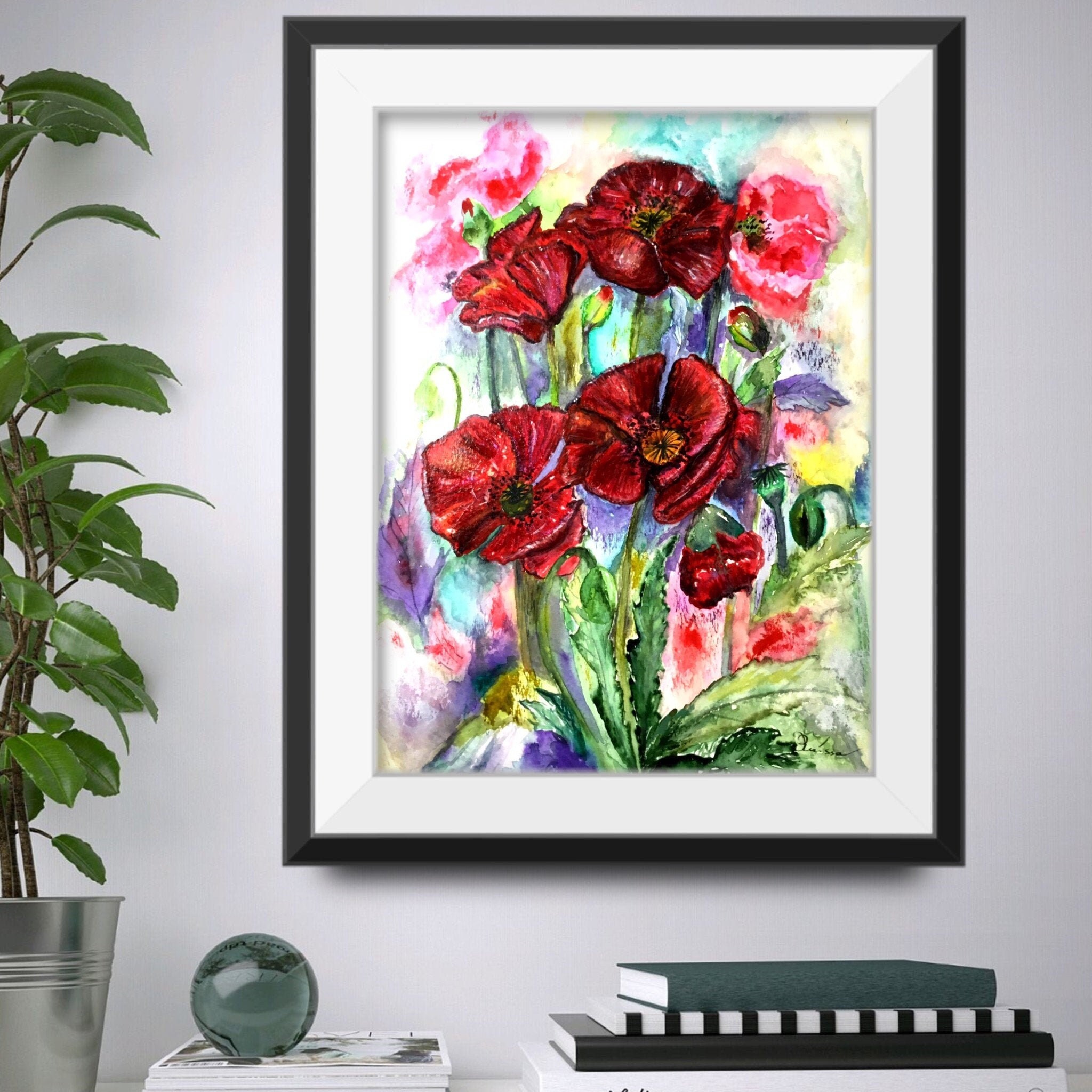 額入り赤いポピーの水彩画：オリジナルの花の壁アート - Etsy 日本