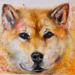 Pintura original de Shiba Inu en acuarela y pastel: perro japonés feliz sobre papel de 300 g, 28 x 38 cm, pieza única.