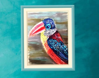 Vogel pastel schilderij, kleurrijke grappige vogel originele pastel schilderij. Krullende arasarivogel.