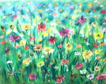 Peinture de fleurs sauvages. Champs de fleurs, peinture pastel originale sur tapis pastel, paysage floral, cadeau pour elle, art mural fleurs.