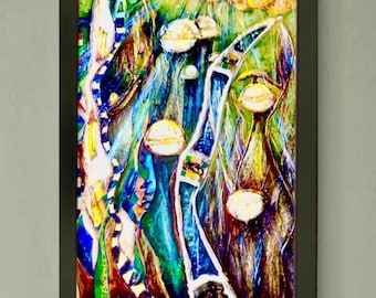 Ciudad del sol, pintura abstracta sobre vidrio, una ciudad de fantasía, pintura de vidrieras con decoración de mosaico, decoración