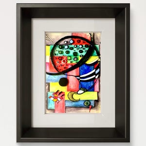 Stained Glass Panel Inspired by Kandinsky – Abstract Watercolor and Glass Painting – A4 Size Wall Art with Frame – Modern Geometric