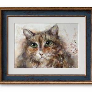 Matilda Cat – Originele aquarel. Pluizige, rokerige grijze kattenkunst – perfect voor dierenliefhebbers en kinderkamers!