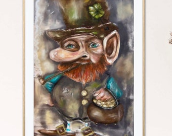 Leprechaun with a pot of gold,original soft pastel painting,irish leprechaun painting, irish gnome painting,saint Patrick day gift.