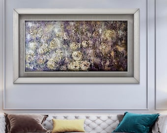 Floral Galaxy große Leinwand original Öl-Mix-Media Gemälde, abstrakte Blumenkunst für Heimdekoration, rosa blau Fantasie Wandkunst, Chrysantheme