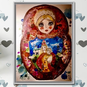 Matrioska, bambola da favola, dipinto originale – Arte popolare russa, tecnica mista su carta Yupo, opera d'arte con inchiostro alcolico colorato, 12x16 pollici