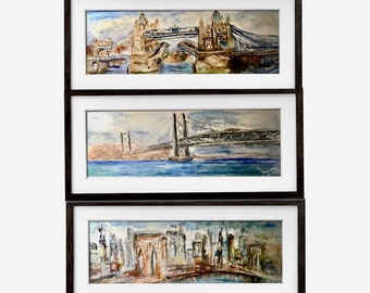 Famous World Bridges – Original Watercolor Triptych.Set of 3 Panoramic Landscape Paintings | Hand-Painted on 350g Watercolor Paper.