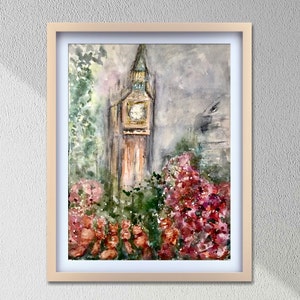 London Big Ben – Original Watercolour Painting | London in Flowers | Home Decoration Art