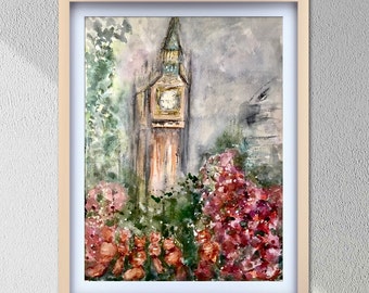 London Big Ben – Original Watercolour Painting | London in Flowers | Home Decoration Art
