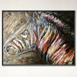 Original Zebra Oil Painting: Rainbow Stripes, Kids&#39; Room Animal Art
