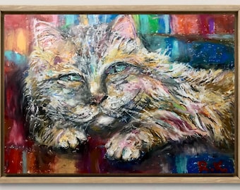 Quiet Guardian of Colors – Expressive Cat Portrait in Oil Pastel, Emotional Animal Art on Paper, Original A4 Contemporary Feline Painting